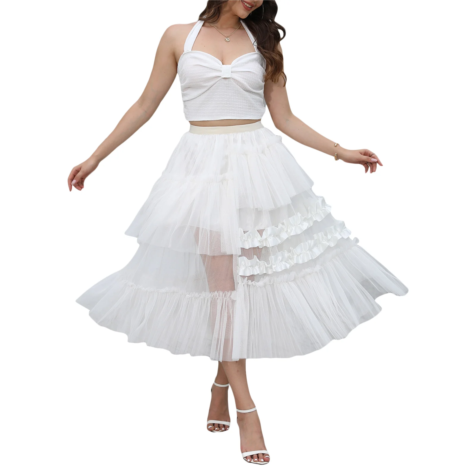 

Women's Solid Color Midi Skirts Elastic High Waist Tiered Ruffles Mesh Skirts Party Tulle Tutu A-line Skirts