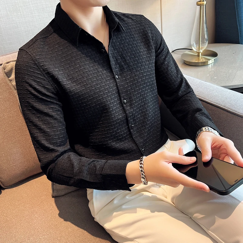 Four Seasons Long Sleeve Luxury Shirt /Brand Mens Solid Color Lattice Slim Fit Business Casual Office Shirt Dress/Tuxedo Blouse
