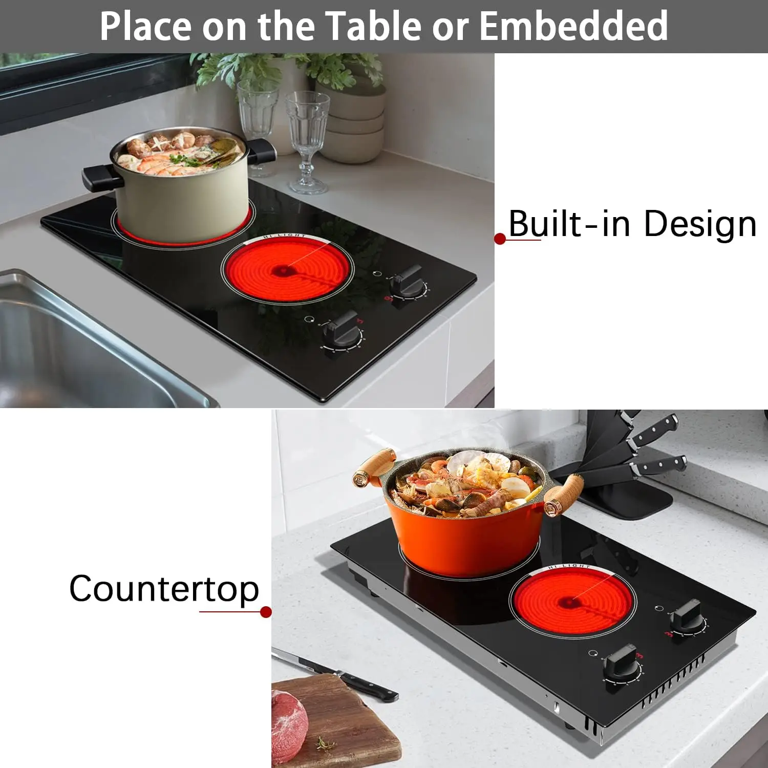 2 Burner Electric Cooktop-110v Countertop Electric Stovetop 2000W, 12 Inch Ceramic Stove with Residual Heat Indicator, Over