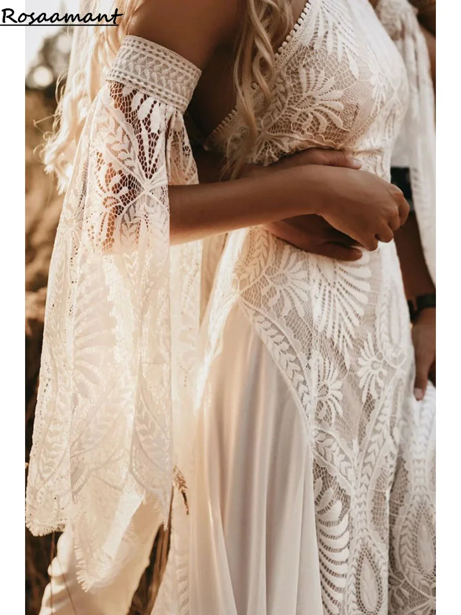 

Boho Halter Neck Lace Mermaid Wedding Dress 2024 Open Back Vintage Rustic Beach Bride Gown Bohemian