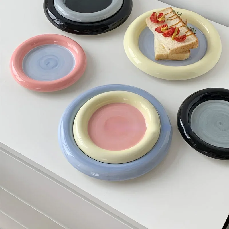 6''8'' Korean Chubby Breakfast Plate Jewelry Storage Plate Dessert Cake Plate Fruit Storage Flat Bowl Cute Dish Plates Ceramic