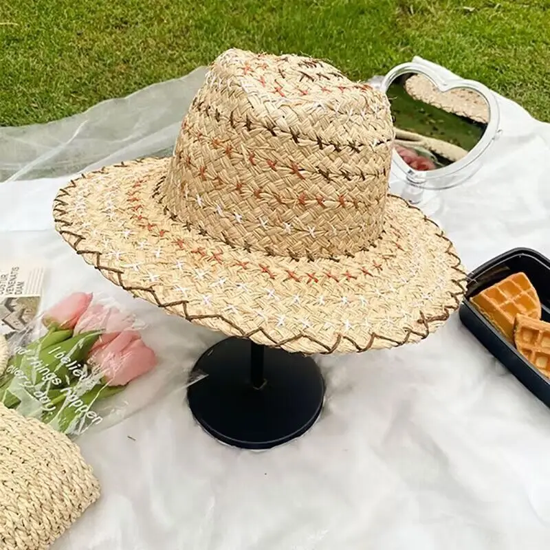 

NEW Summer Raffia Woven Sun Hat For Women Panama Straw Hats Travel Beach Hat Wide Brim Fedora Jazz Hat UV Protection Holiday Hat