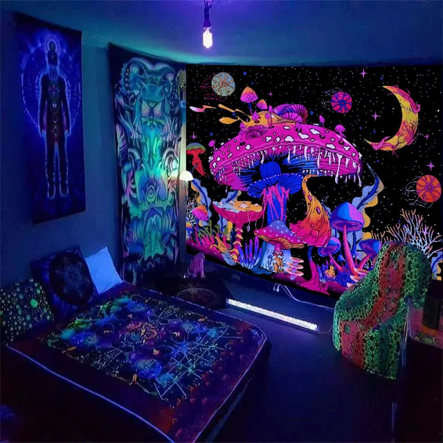 Tapisserie de champignons de couleur fluorescente, tapisserie de ciel nocturne mystérieuse, lumière noire ultraviolette, plante naturelle, forêt, lune, fleur, 1 pièce 1