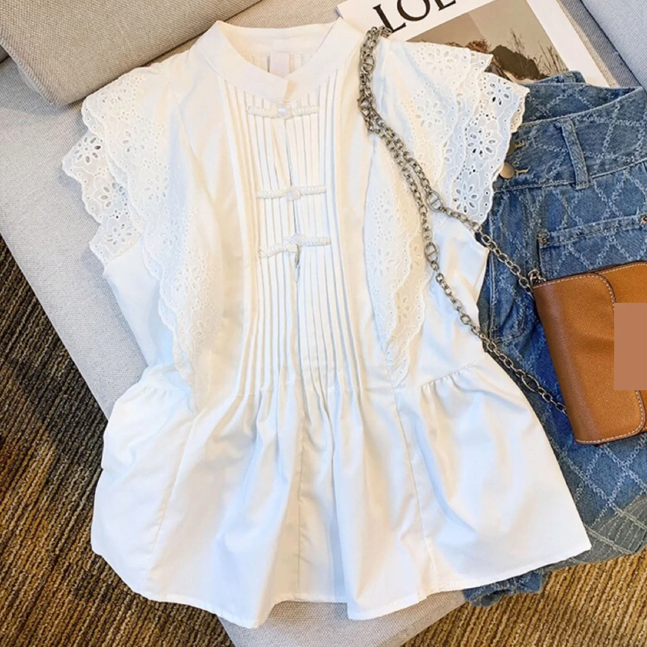 

2023 Stand Collar Summer Lace Blouse Women Tops Mujer Flying Sleeve White Hollow Out Ladies Slim Pleat Ruffle Shirt