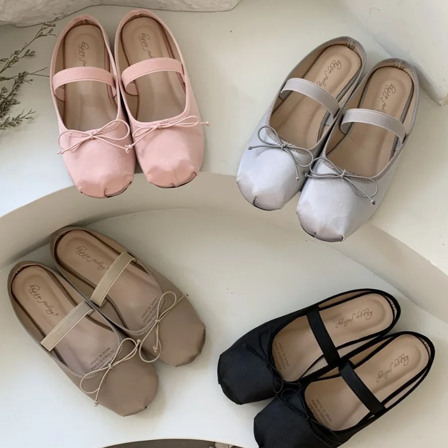 

Shoes Woman 2024 Rubber Slippers Butterfly-Knot Low Pantofle Cover Toe Flat New Fabric Rome Slides PU Hoof Heels Silk Butterfly-