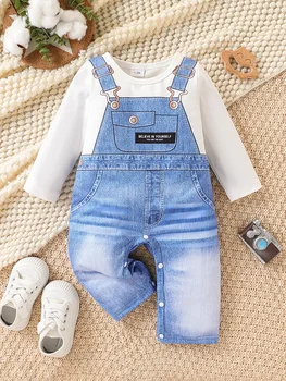 Spring Autumn Baby Boys 1-6M Faux Denim Overalls Print Long Sleeve Onesie Newborn Casual Daily Romper 1