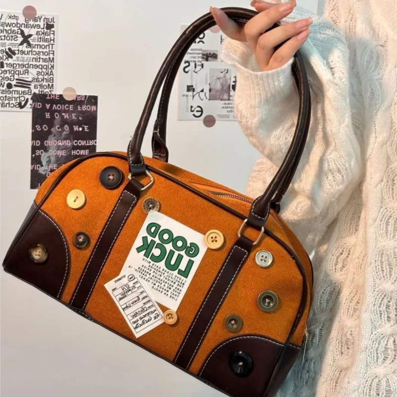 JIAERDI Retro Label Button Design Handbag Women Maroon Patchwork Brown Shoulder Bag Ladies Fashion Cute Boston Crossbody Bag New