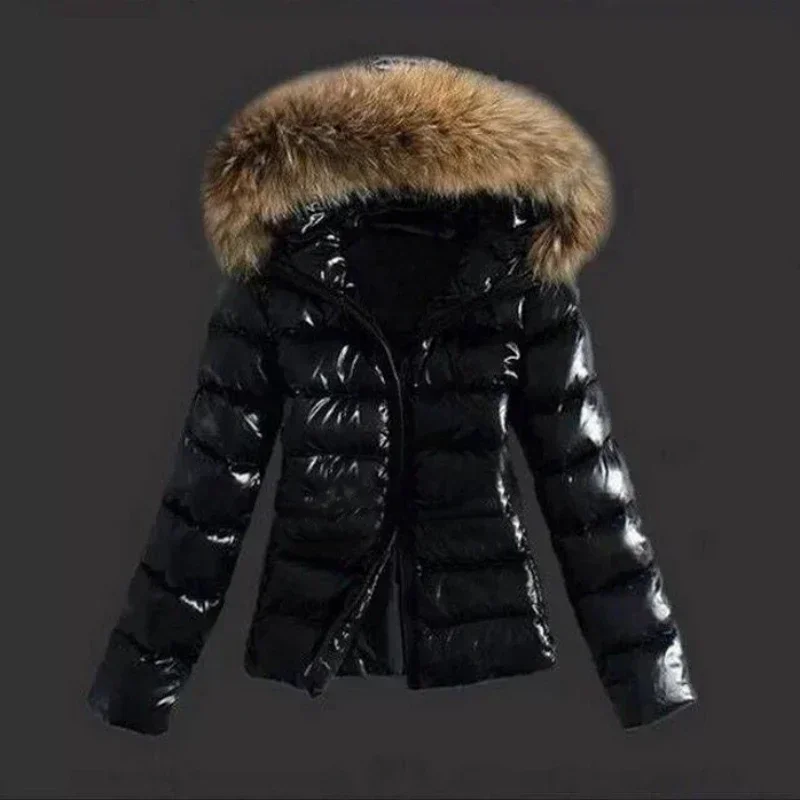 New Women's Winter Fashion Casual Slim Cotton Jacket Faux Fur Collar and Hooded Warm Jacket Coat Hooded Pu Leather Zipper