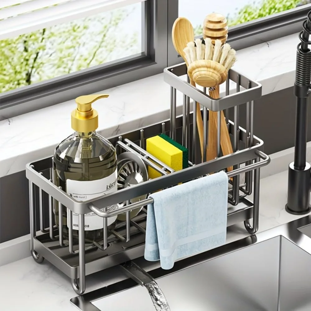 Cisily Sponge Holder for Kitchen Sink, Sink Caddy with High Brush Holder, Kitchen Sink Organizer Countertop Rustproof 304 Stainl 2