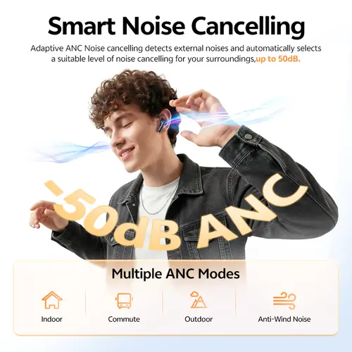 QCY T13 Pro HT23 Adaptive ANC Wireless Earbuds 13mm Drivers Powerful Bass 50dB Hybrid ANC Bluetooth 6.0 Earphones 6 Mics ENC 47H - Image 2