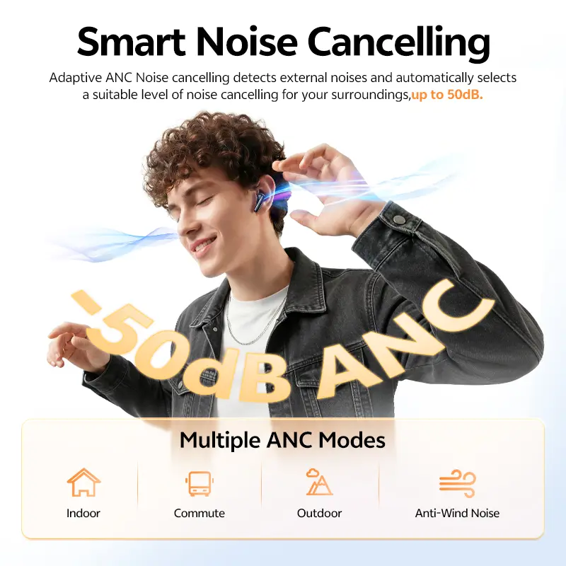 QCY T13 Pro HT23 Adaptive ANC Wireless Earbuds 13mm Drivers Powerful Bass 50dB Hybrid ANC Bluetooth 6.0 Earphones 6 Mics ENC 47H - Image 2
