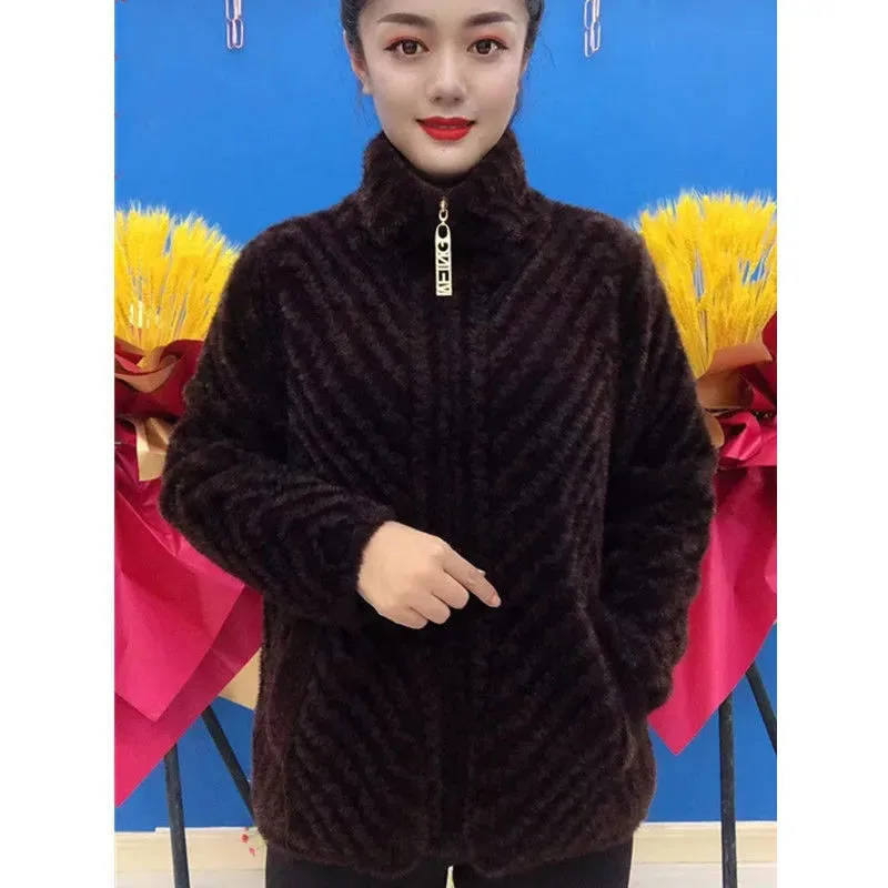 중년 노인 어머니 모조 밍크 벨벳 코트, 두꺼운 스탠드 지퍼 카디건 스웨터, 여성 니트 재킷, 6XL, 가을 겨울