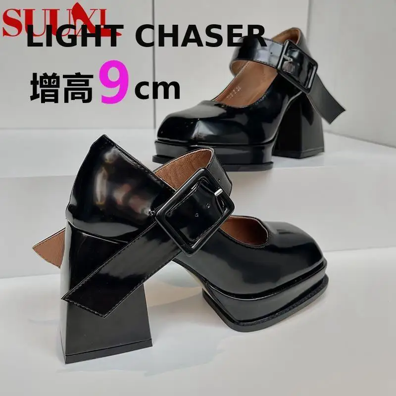 Women Mary Jane Square Toe High Heels Women's Pumps Thick Platform Lolita Females Shoes Ankle Warp Vintage Party Punk Black 43