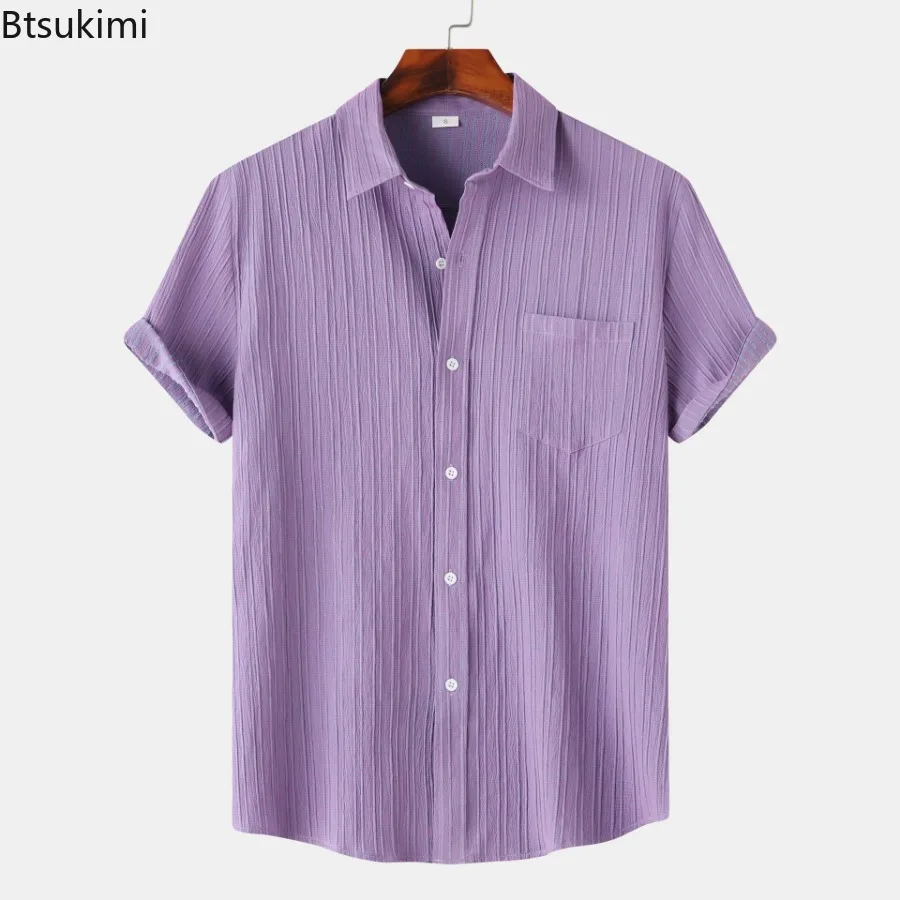 Summer Men's Short-sleeved Shirts 2024 Fashion Casual Loose Lapel Tops Comfy Breathable Social Shirt Solid Simple Blouse for Man
