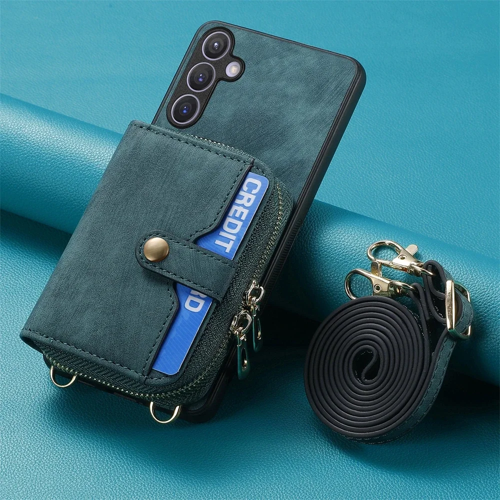 Leather Phone Cover with Zipper Wallet and Lanyard Stand Feature