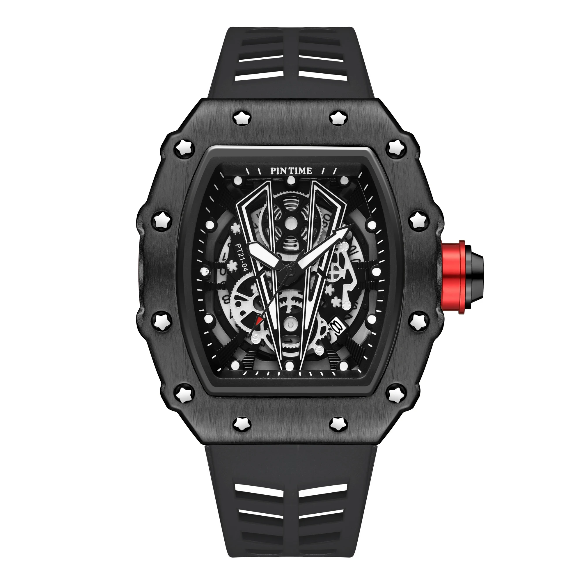 PINTIME Men's Watches Hollow Punk Sport Waterproof Fashion Quartz Wristwatches Silicone Strap Steel Case Relogio Masculino Reloj