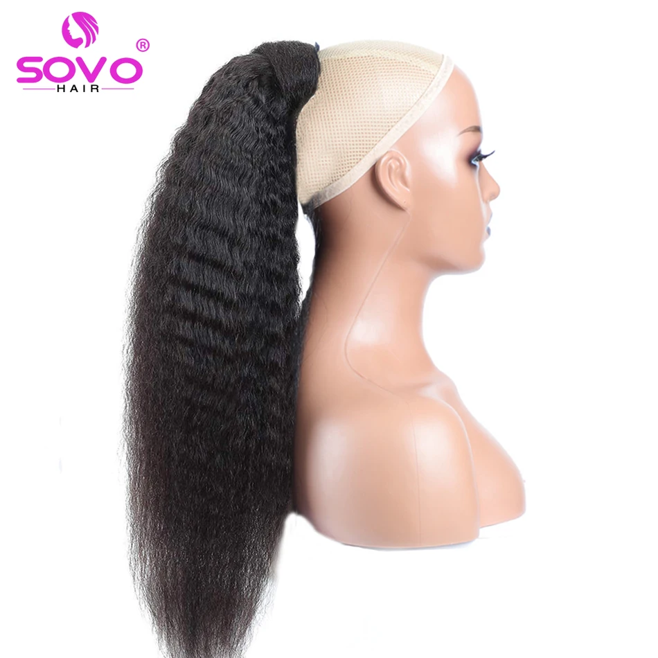 Kinky Straight Ponytail Yaki Human Hair Hairpiece Wrap on Clip In Hair Extensions Brown Pony Tail Natural Remy Brazilian Hair