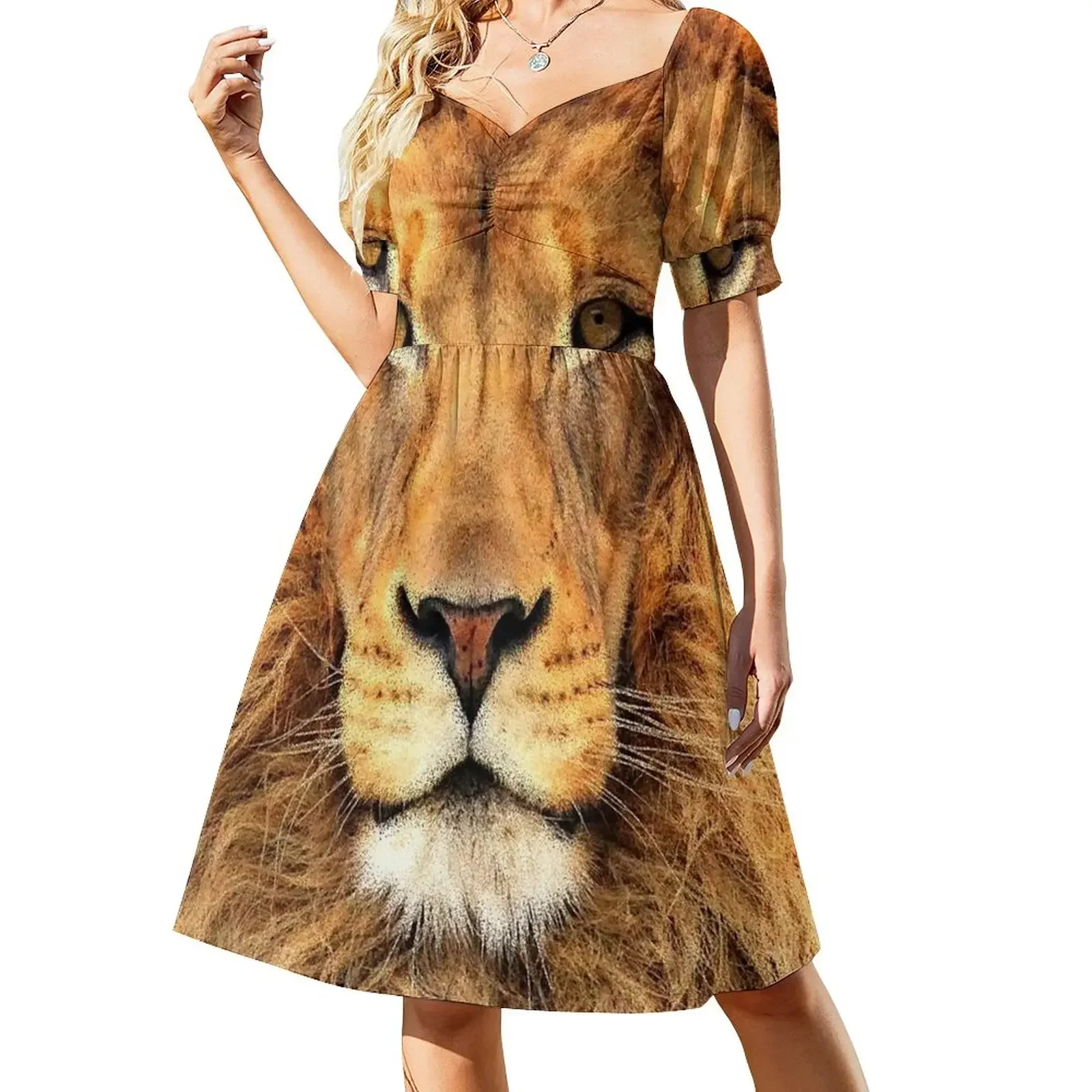 Hermoso vestido de fiesta de manga corta con reflejos de gato salvaje y cara de león, vestido de verano para mujer, vestido largo para mujer