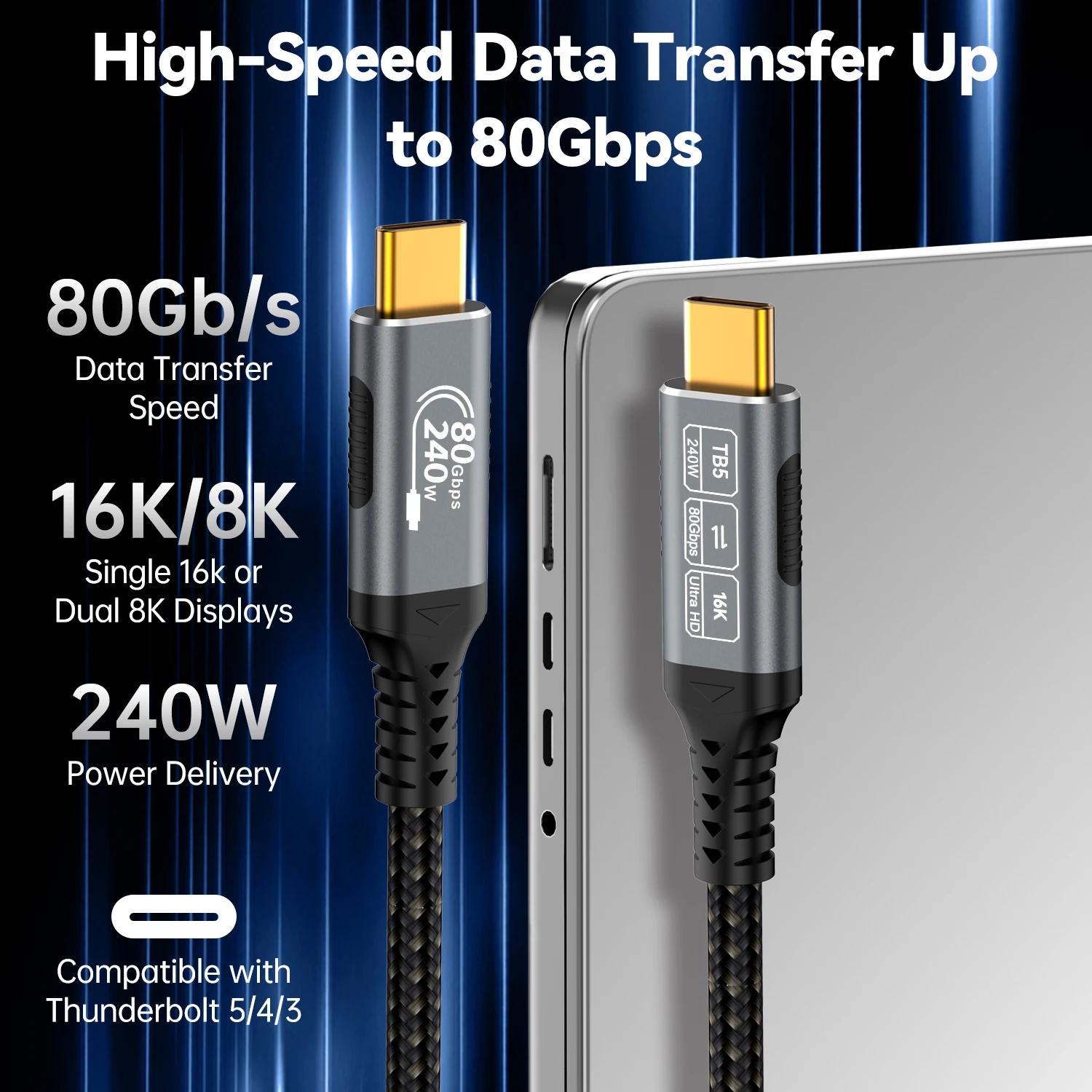 サンダーボルト-USBType-Cケーブル,16k,30hz,8k,48v,5a,pd240w