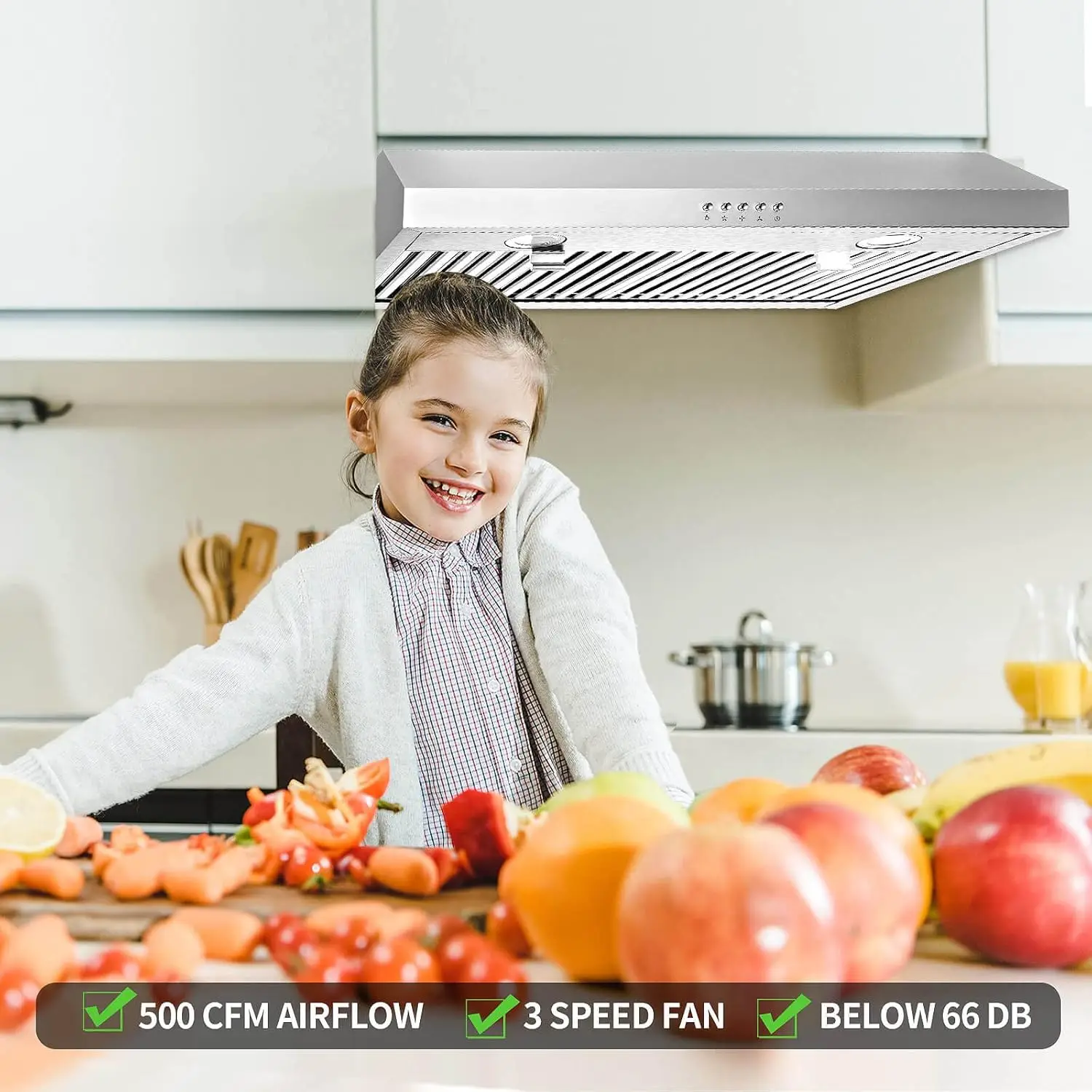 30 Inch with 3 Way Venting,Stainless Steel Range Hood w/Baffle Filters,Ductless Range Hood 500 CFM