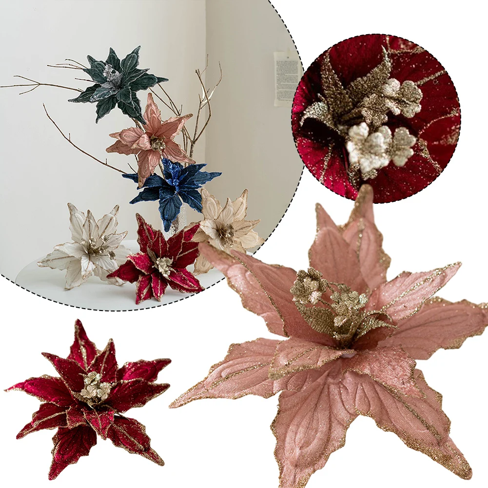 

1pc 28cm Christmas Flowers Glitter Artificial Poinsettia Floral Xmas Tree Ornaments Christmas Tree Hanging Merry Christmas Decor