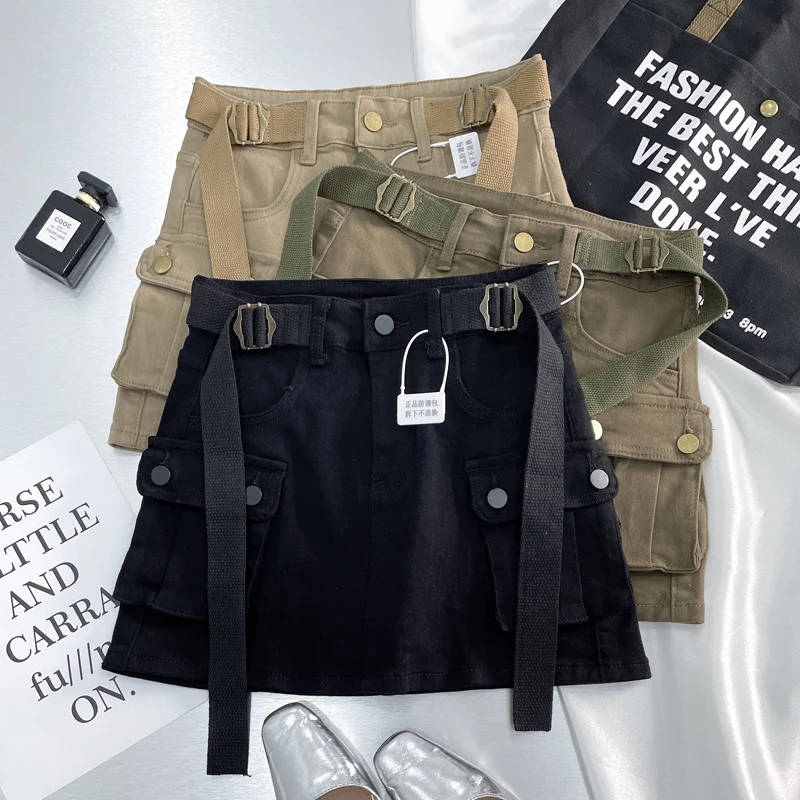 

Женская джинсовая трапециевидная юбка-карго, винтажная юбка цвета хаки в стиле Харадзюку, Корейская уличная мода, трапециевидная юбка в стиле эмо 1920-х