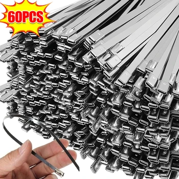 60/20Pcs Stainless Steel Cable Tie Reusable Self-locking Fastening Ring Metal Zip Ties Wire Cable Organizer Exhaust Wrap Straps
