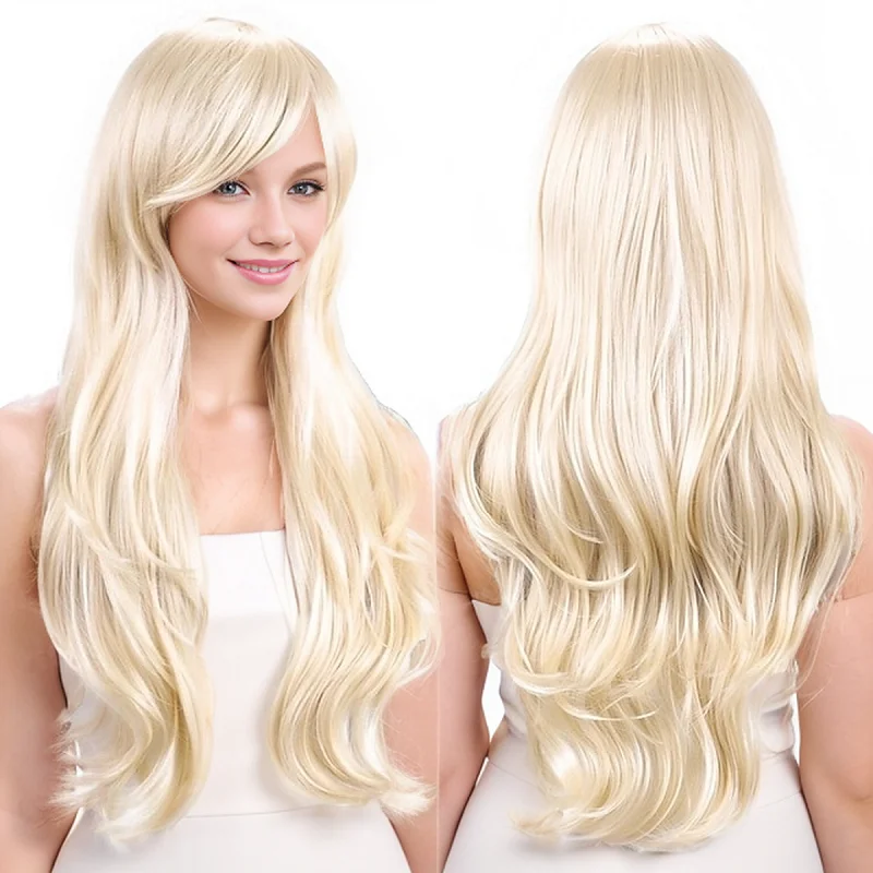 Synthetic Hair Wigs 28 inch colored anime long straight slanted bangs