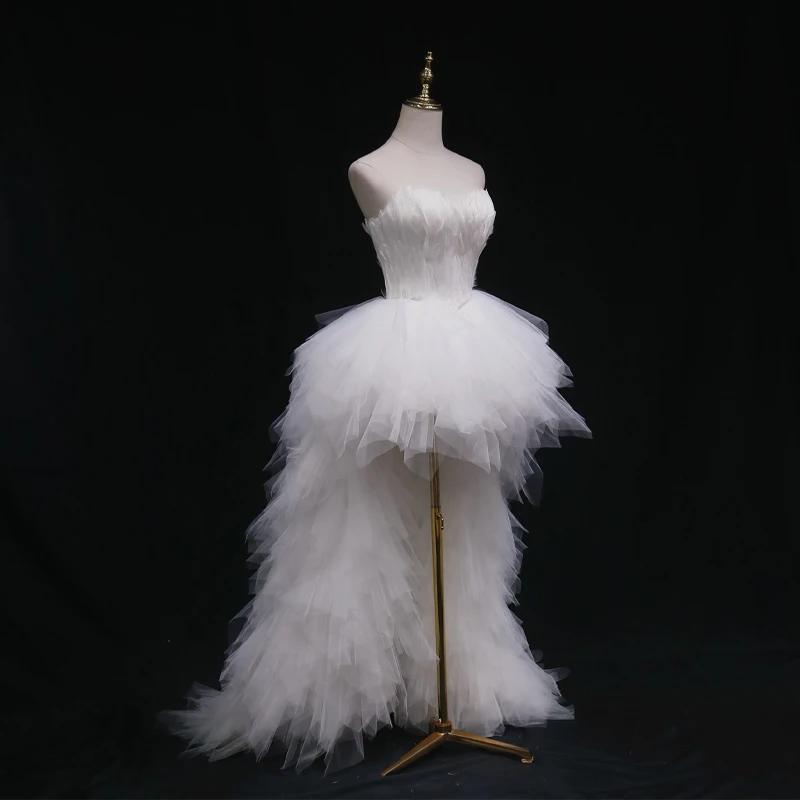 

Evening Dress Strapless Feather Sleeveless Tulle Tiered White Lace up Floor Length Asymmetrical Plus Women Party Dresses B2171