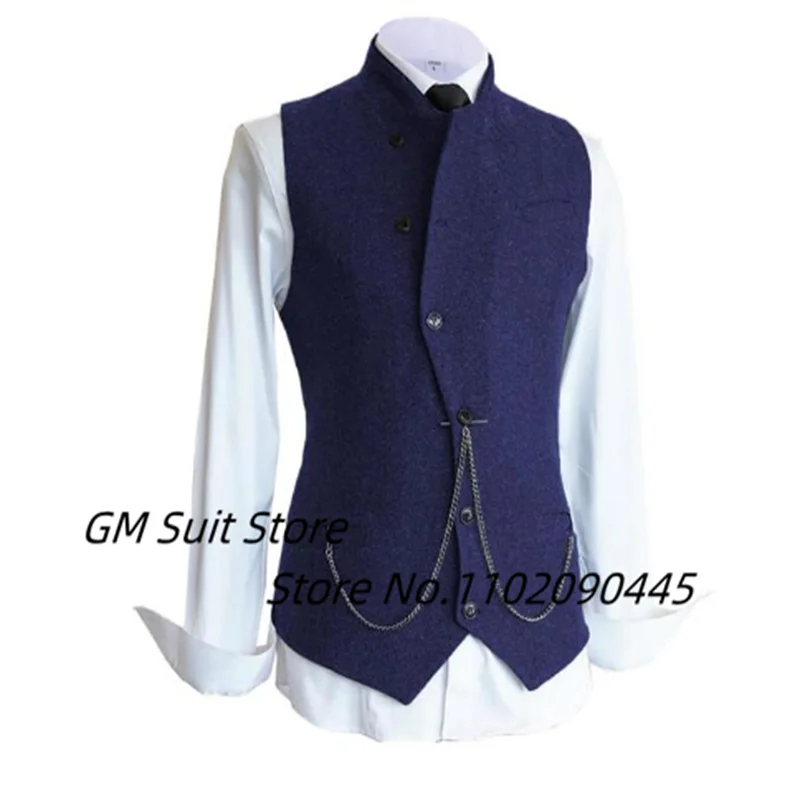 Men's Suit Vest Casual Slim Fit Wool Tweed Stand Collar Business Herringbone Single Breasted Groomsman Jacket Wedding Party