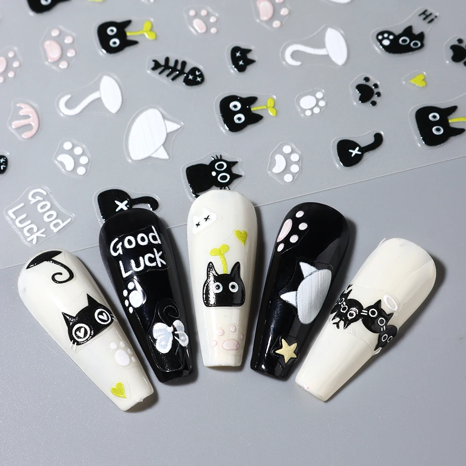 2pcs Black Cat Nail Stickers 3D Cute Cartoon Animal 3D Self-Adhesive Nail Art Decals Sliders Decorations Manicure Accessories 4