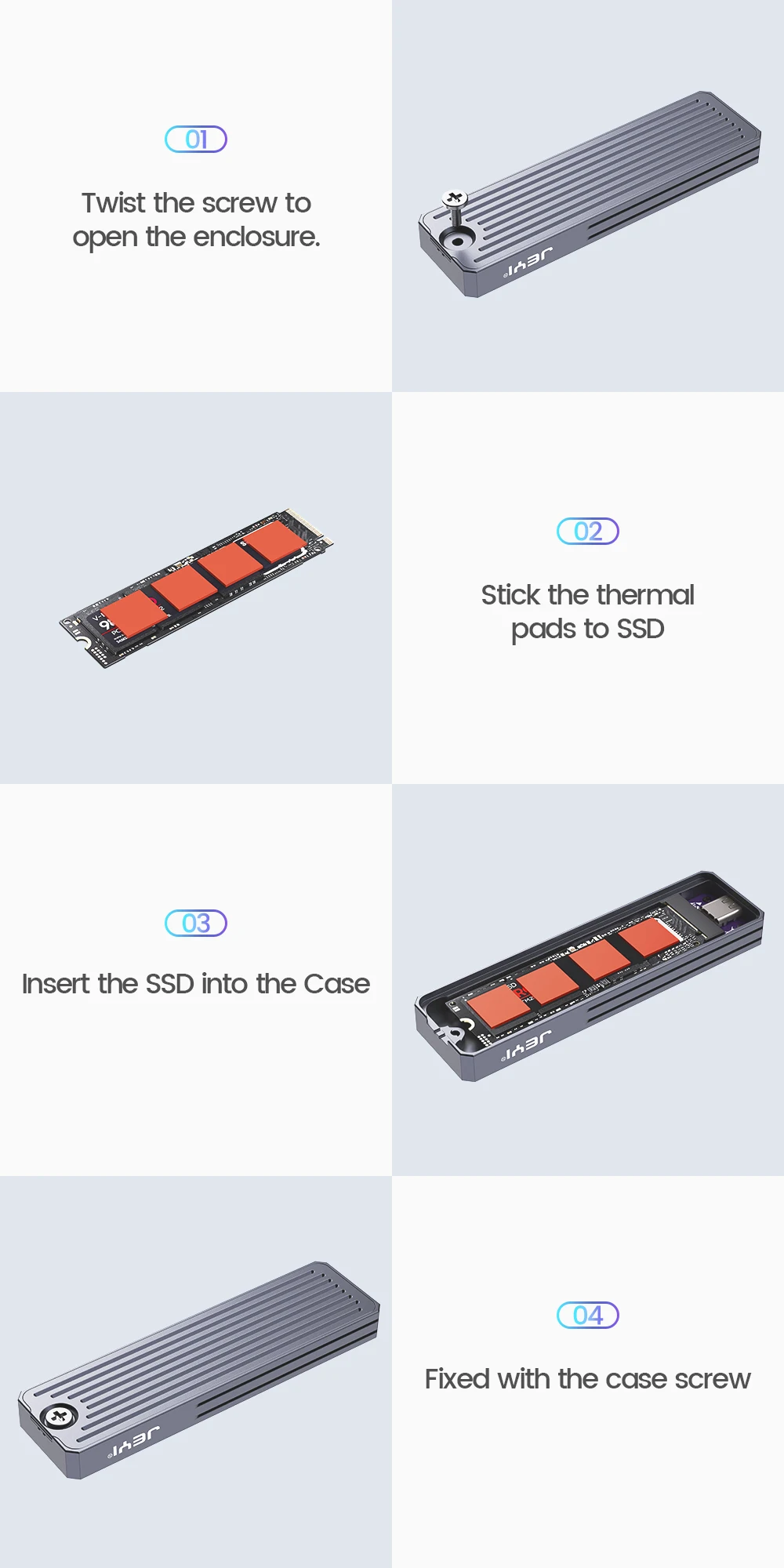 JEYI M.2 SSD-Gehäuse NVMe SATA Dual Protocols SSD-Gehäuse USB 3.2 10 Gbit/s PCIe-Adapter Externes Gehäuse unterstützt M- und B&M-Schlüssel – Detail 11