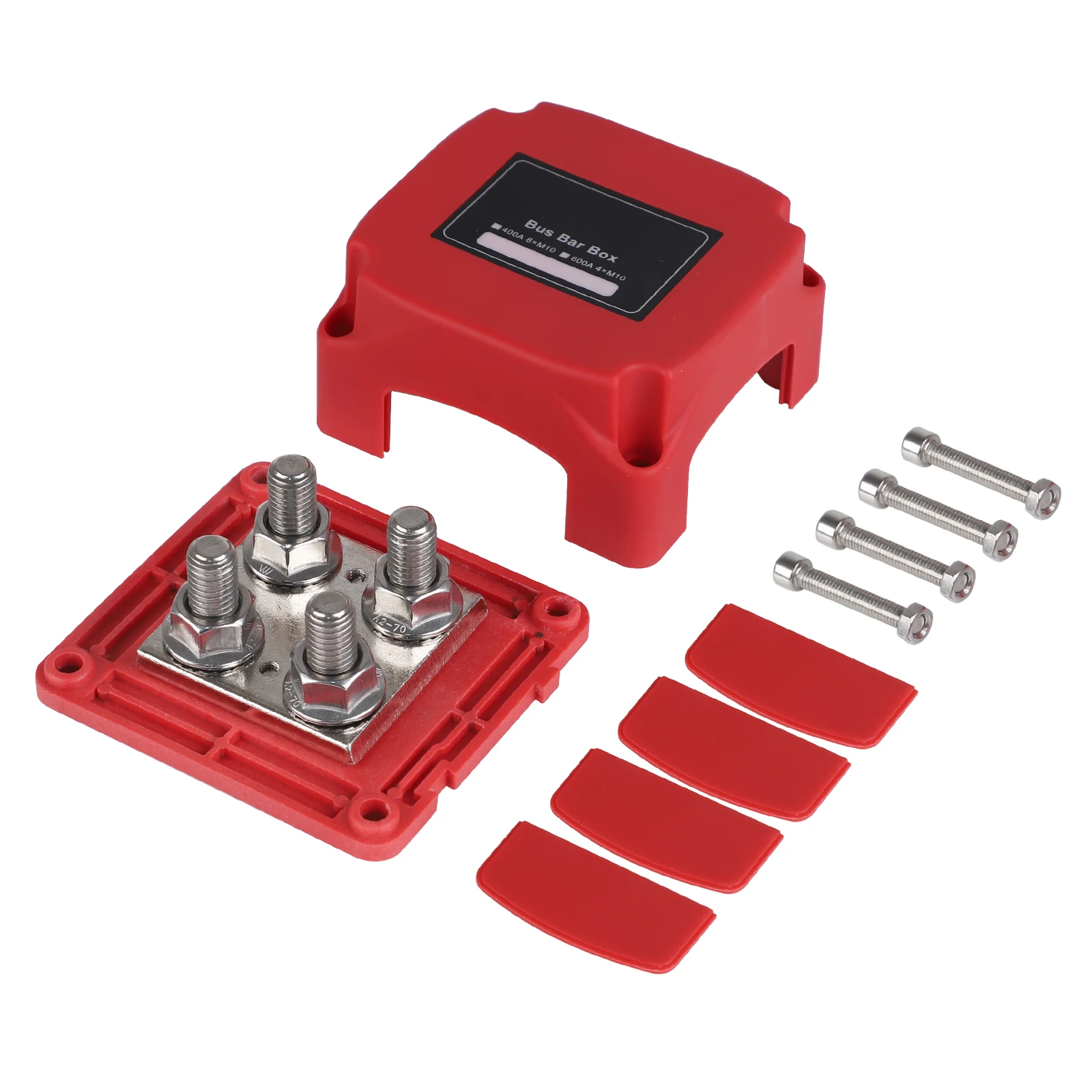 M10 Busbar-Stiftklemme 400A 48VDC für Auto- und Fährbatterien, Minuspol 4 x 3/8 Zoll (M10), universell für Wohnmobil-Umbauten, rot-schwarz mit Abdeckung – Detail 2