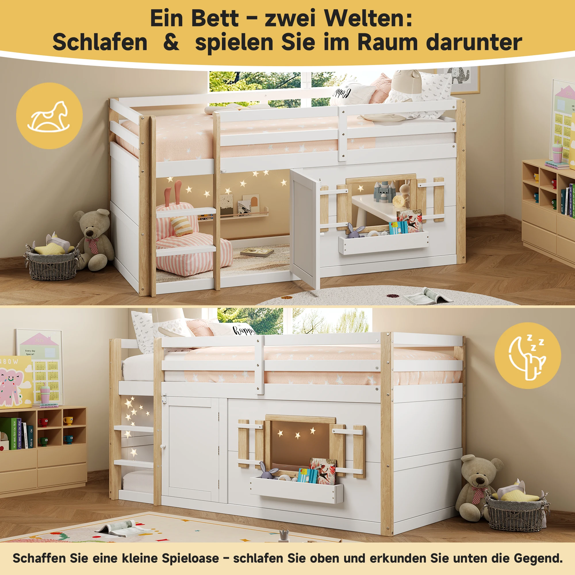 KOMHTOM Weißes multifunktionales Kinder Etagenbett Hochbett 90x200cm mit Leiter und unterbaubarer Spielfläche ohne Matratze – Detail 3