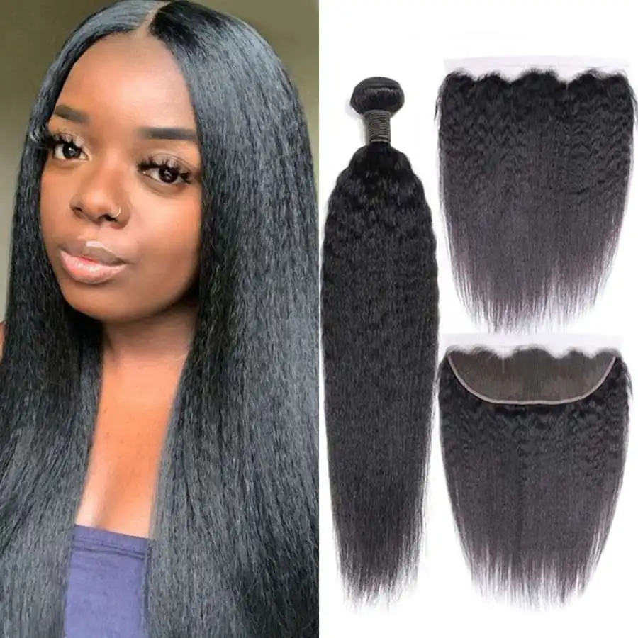 

Kinky Straight Human Hair 3 Bundles With 13x4 Frontal Closure Thick 30 inch Yaki Straight Bundles With a Frontal Brazilian Remy