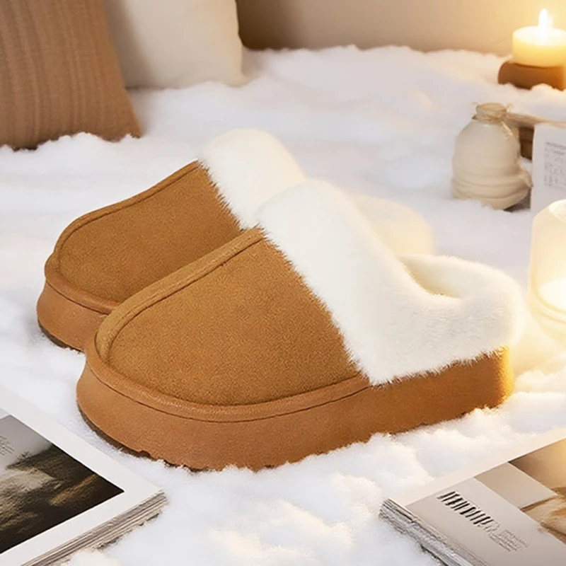 Thick Bottom Faux Fur Slippers Women Anti Slip Warm Winter Fluffy Slipeprs Woman Thicken Plush Faux Suede Snow Boots Female
