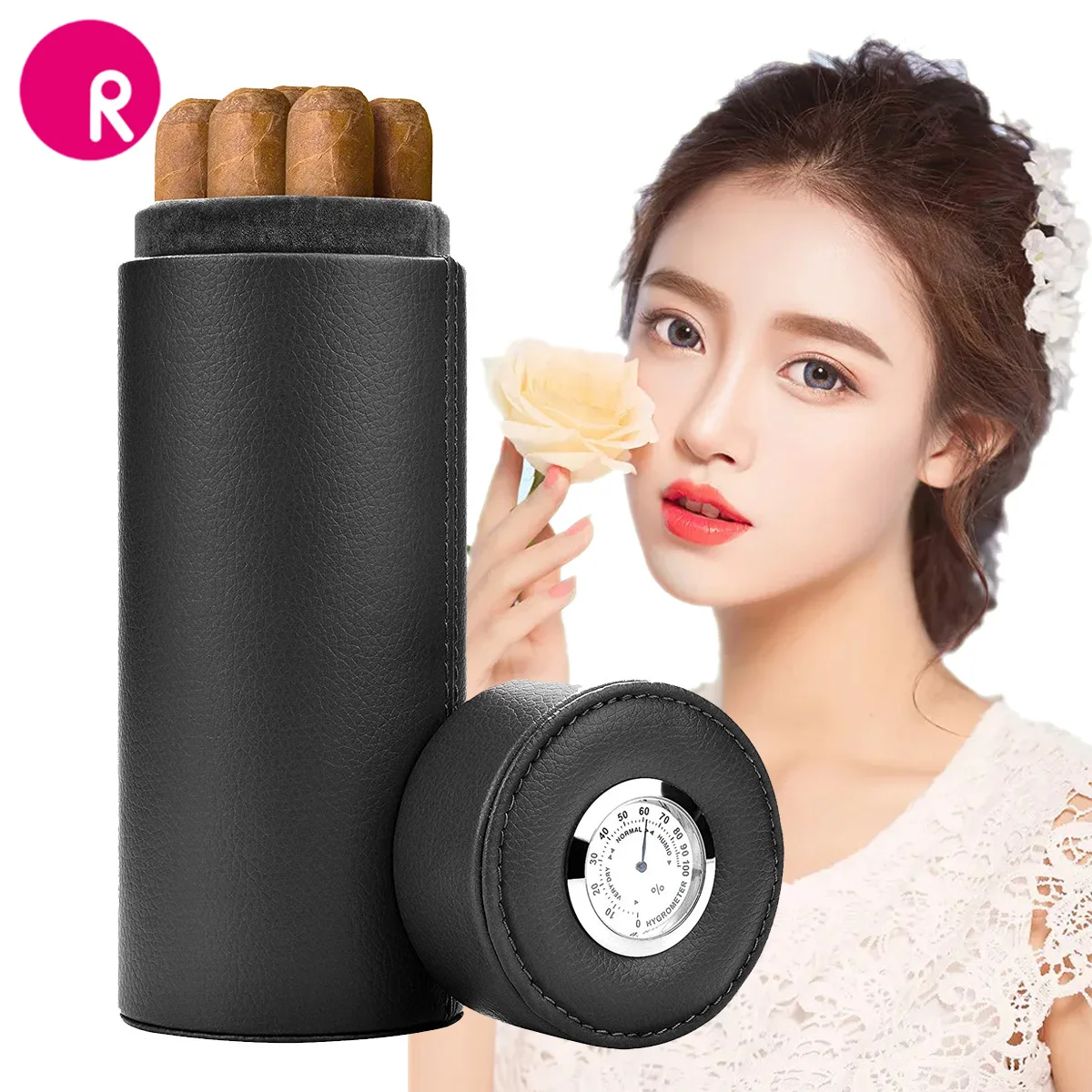

Travel Cigar Case Black Leather and Cedar Wood Lined Tube Humidor Inside with Long Humidifier Hygrometer Lighter