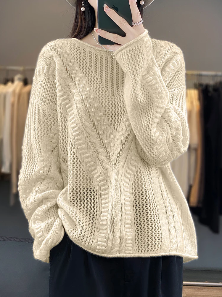 

Knitted Sweater Curling With Round Neck 100% Pure Cashmere Sweater Women's Hollow Crocheted Long-sleeved Wool Sweater Sweater