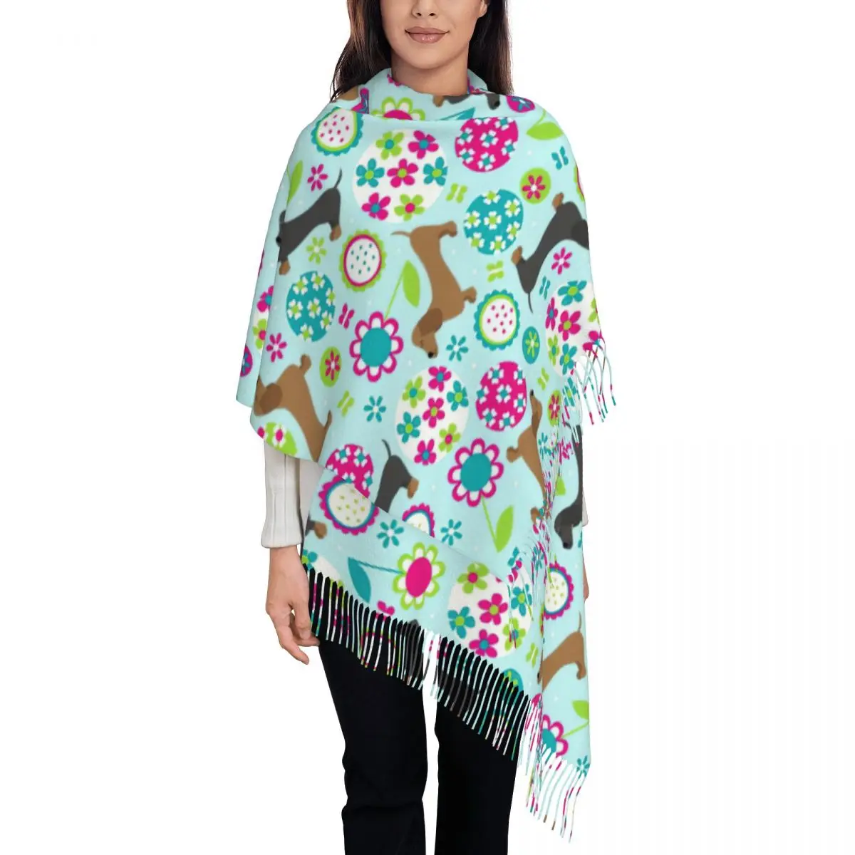 

Womens Scarf with Tassel Dachshund Garden Party Dog Long Super Soft Shawl and Wrap Animal Cartoon Reversible Cashmere Scarf