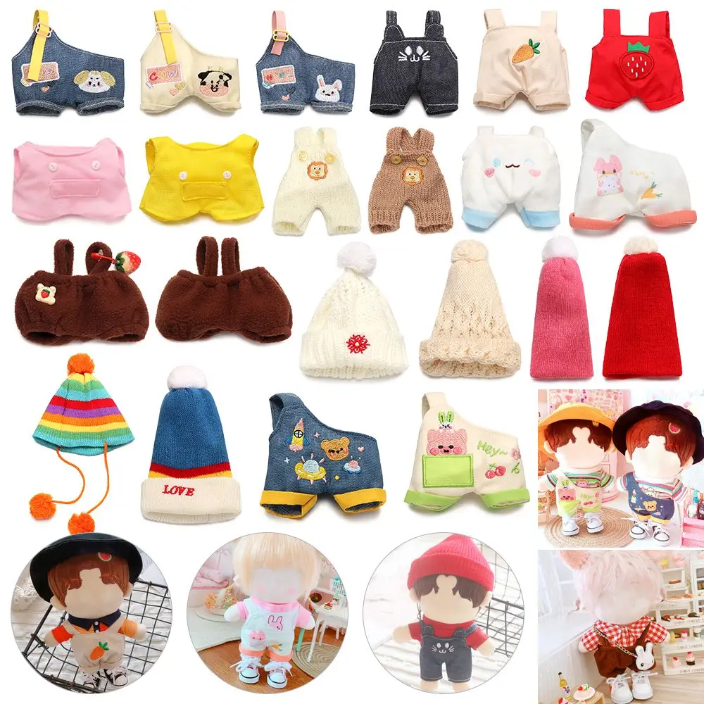 

Cute Cartoon Jeans Plush Suspender Pants Doll Overalls Top Knited Hairball Mini Hat For 20cm Plush Toys Doll Clothes Accessories