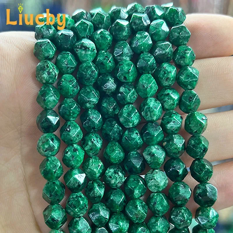 Naturstein Facettierte grüne Hanfstein Diamantperlen für Schmuckherstellung DIY Retro Halskette Armbänder Zubehör 15" Strang 8MM