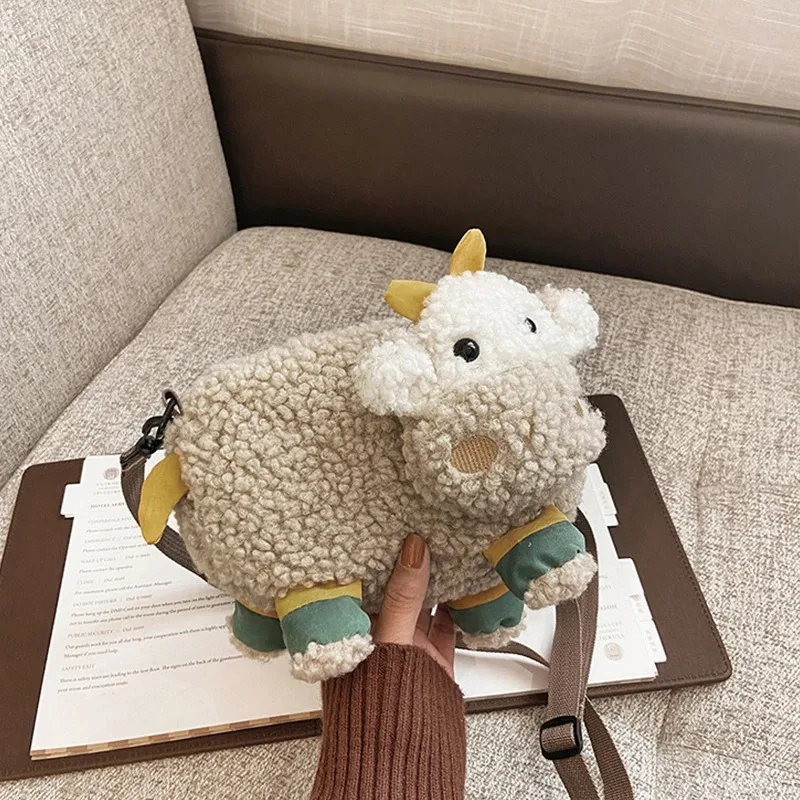 Lovely Cartoon Cow Shape Faux Fur Messenger Bags Kid Bag Cattle Crossbody Bags Small Handbags Coin Bag Purse Women'S Bag