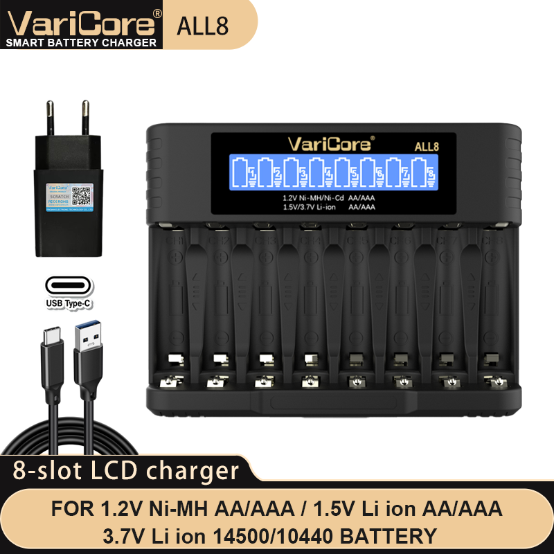 VariCore ALL8 ALL4 USB Type-C For 1.2V Ni-MH AA/AAA 1.5V Li ion AA/AAA 3.7V Li ion charger