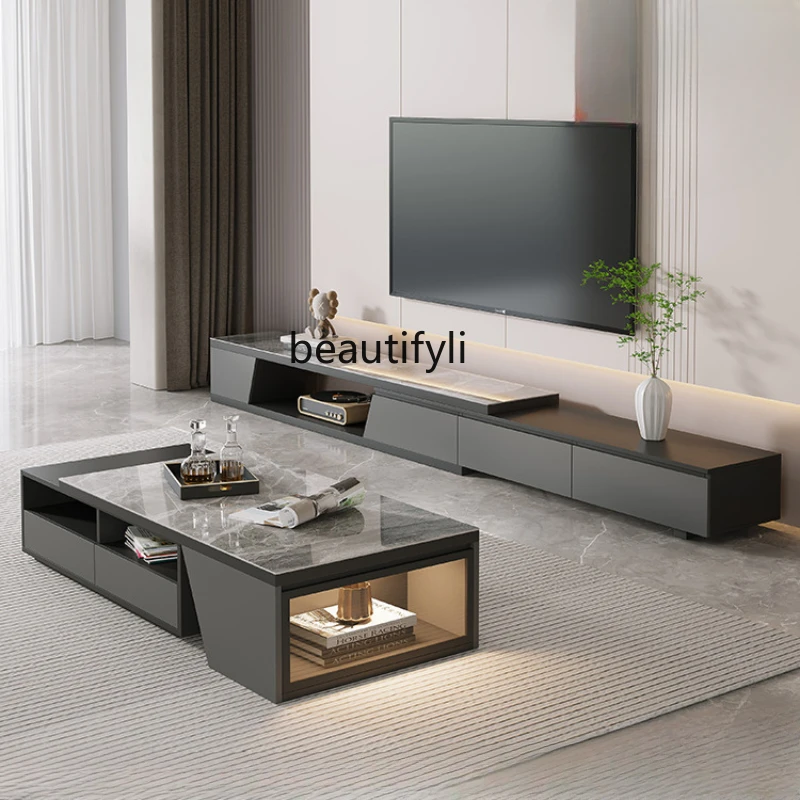 

Stone Plate TV Cabinet and Tea Table Light Luxury Modern Retractable Floor Cabinet TV Stand