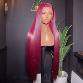 Long Silky Straight  99J Red Burgundy Color Synthetic 13X4 HD Lace Frontal Wig For Women Prepucked With Baby Hair Glueless Wig