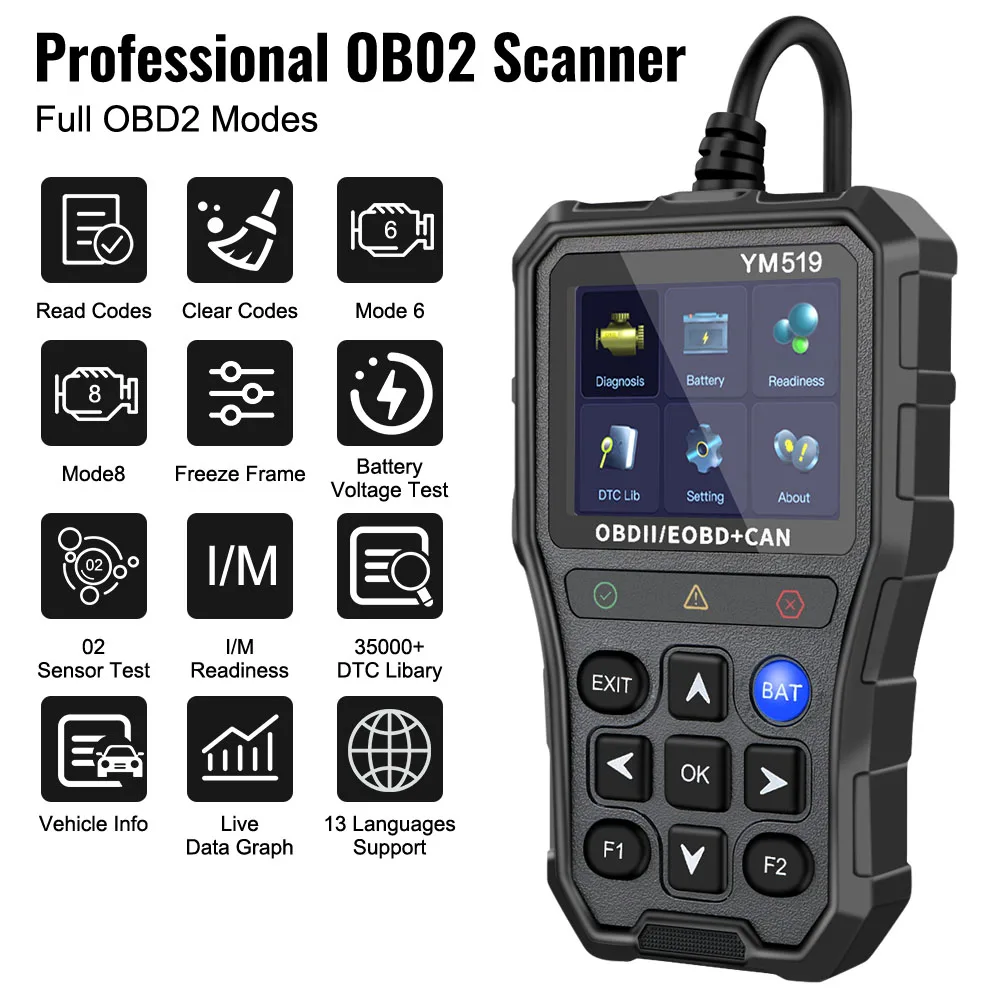 Car Diagnostic Tool Car OBD2 Scanner Fault Code Scanner Check Engine System Multi-language Battery Tester YM519 6