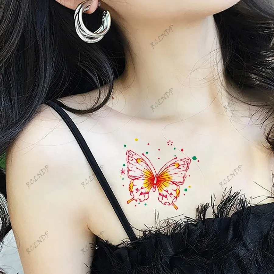 

Waterproof Temporary Tattoo Sticker Colorful Butterfly Sexy Neck Hand Clavicle Art Flash Tatto Fake Tatoo for Women Men Girl