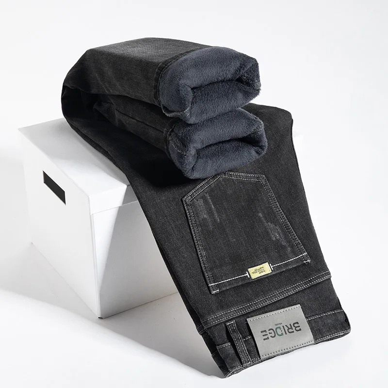 

Black Gray Fashion Retro Fleece Men's Jeans Casual Stretch Cotton Classic Thick Warm Male Clothing Plush Denim Trousers