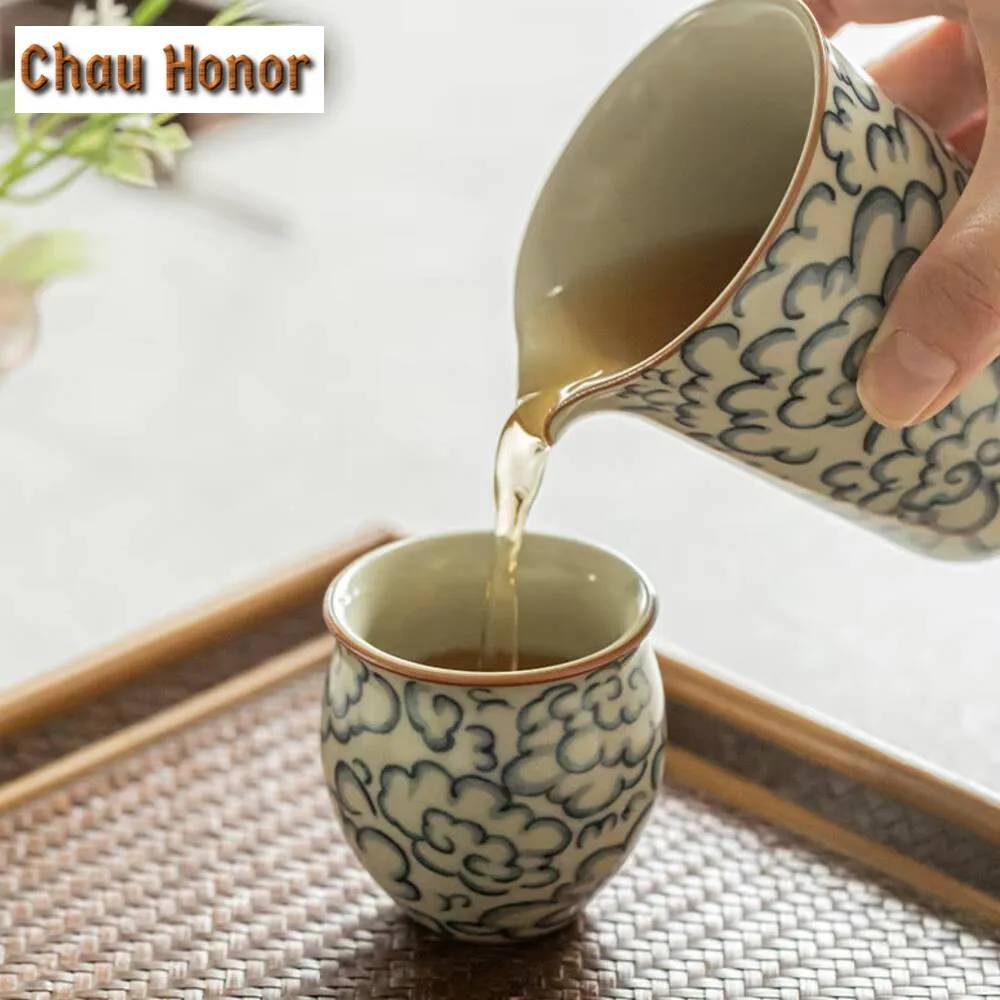 2pc/set Retro Ru Kiln Teacup Chinese Auspicious Clouds Cup Samll Single Master Cup Tasting Tea Mug Household Kung Fu Teaset 60ml