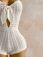 Boho White Crochet Romper for Women Front Tie Hollow Out Sleeveless Backless Knitted Playsuit Beach Holiday Outfit - Image 4